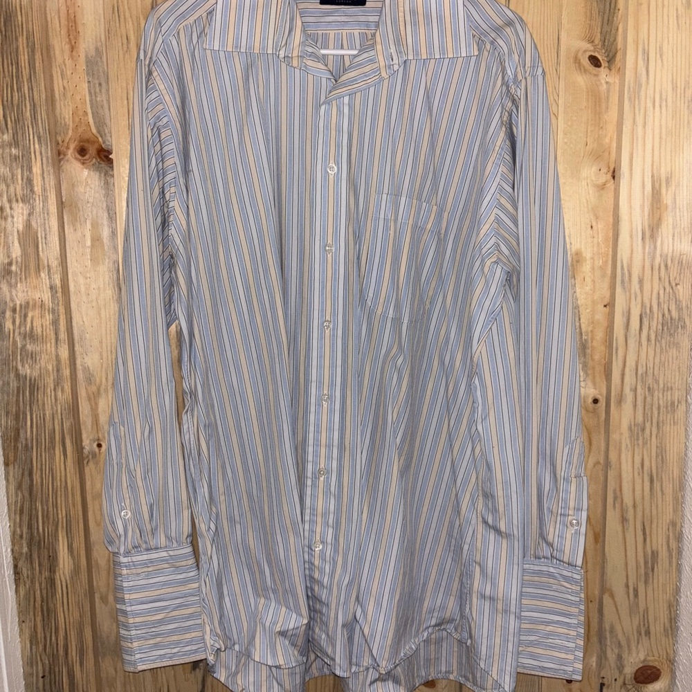 Burberry Men's Blue and White Striped Dress Shirt